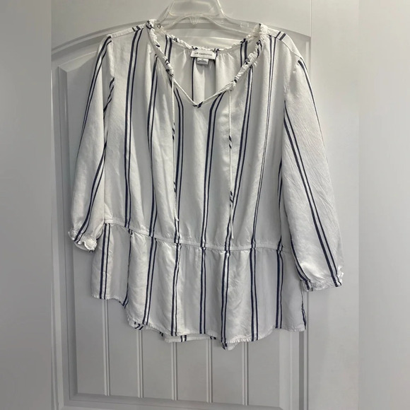 Liz Claiborne Rayon Blouse Tunic Size XL White Elastic Waist Drawstring Vneck - Picture 1 of 5
